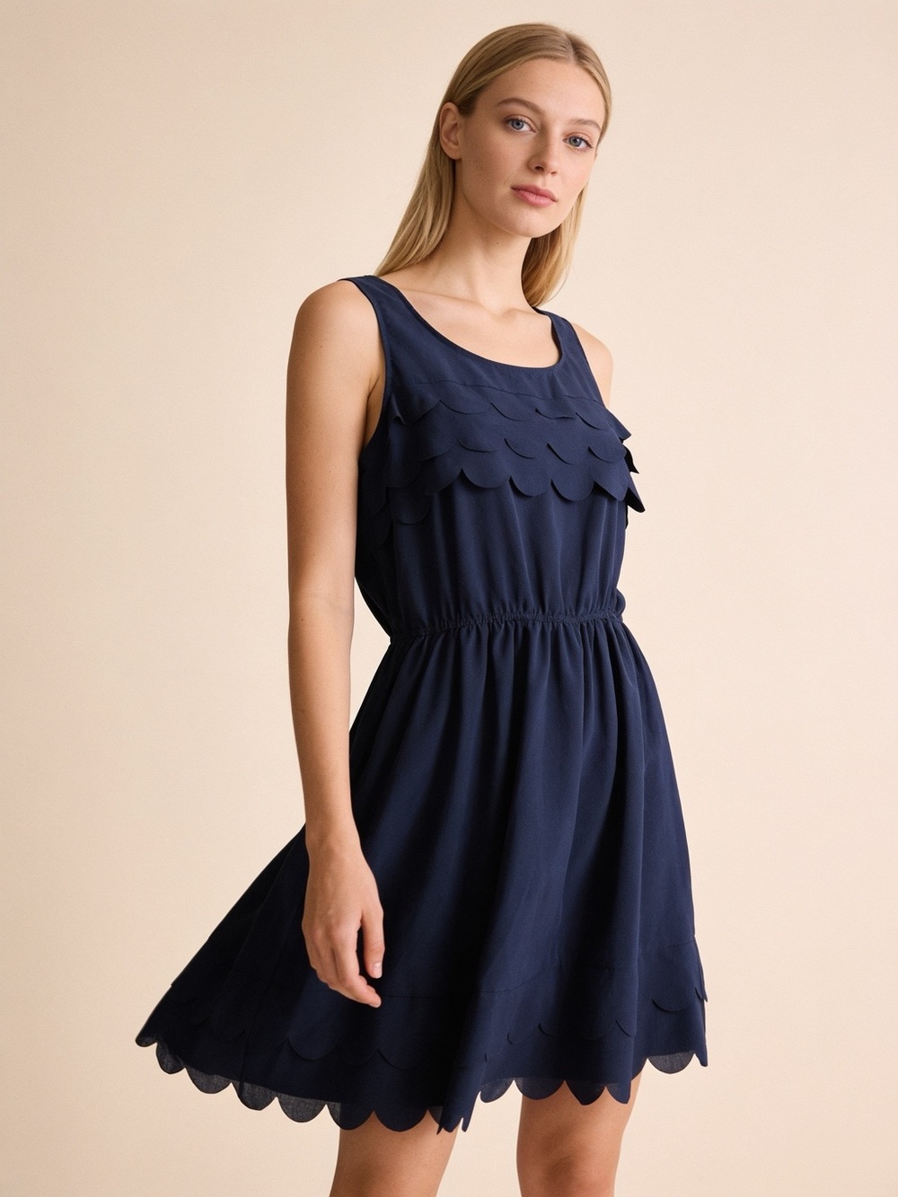 Doe & Rae Navy Scalloped Fit & Flare Sleeveless Dress Size M